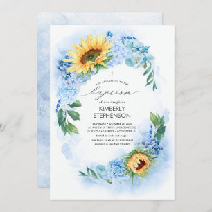 Yellow Sunflower and Dusty Blue Hydrangea Baptism Einladung