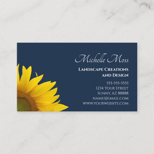 Yellow Sunflower Botanical Boho Navy Blue Visitenkarte (Vorderseite)