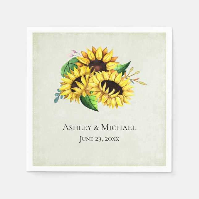 Yellow Sunflower Bouquet in Watercolor Wedding Serviette (Vorderseite)