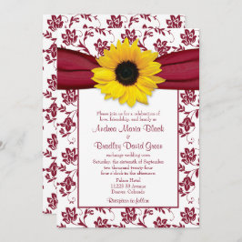Yellow Sunflower Burgundy Damask Wedding Einladung
