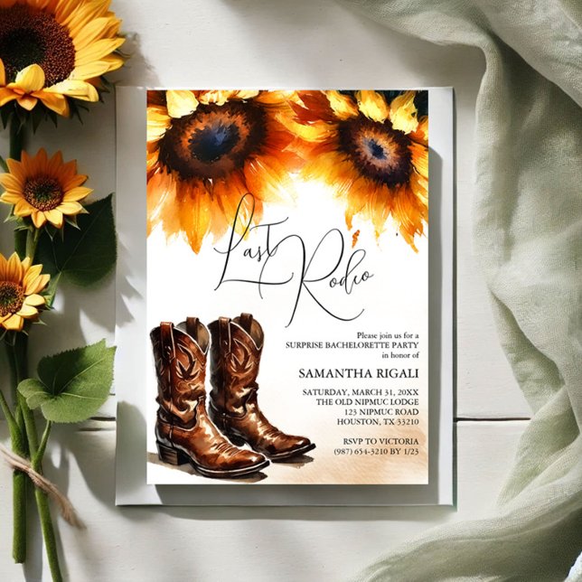 Yellow Sunflower Cowgirl Boots Last Rodeo Einladung (Bachelorette party invitations last rodeo sunflower and cowboy boots)
