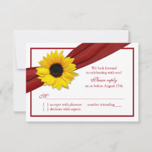 Yellow Sunflower Deep Red Ribbon Wedding RSVP Karte