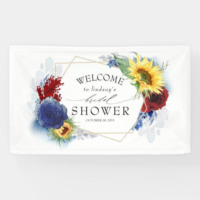 Yellow Sunflower Navy Blue Burgundy Brautparty Banner (Horizontal)