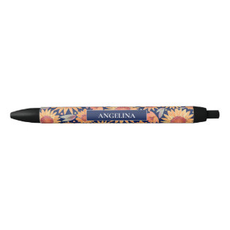 Yellow Sunflower Pattern Navy Blue Personalisiert Kugelschreiber