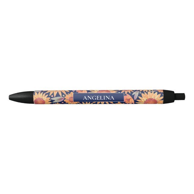 Yellow Sunflower Pattern Navy Blue Personalisiert Kugelschreiber (Vorderseite)