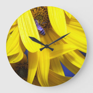Yellow sunflower Petals N Blue Bee Wall Clock Große Wanduhr