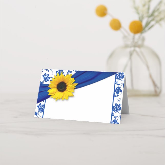 Yellow Sunflower Royal Blue Floral Wedding Platzkarte (Vorderseite)