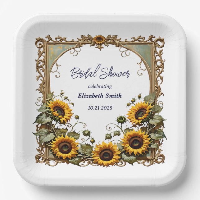 Yellow sunflower with art frame bridal shower pappteller (Vorderseite)
