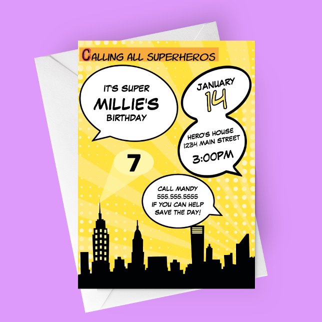 Yellow Superheros Comic Book Styling Birthday Part Einladung (Yellow Comic Book Superheros Birthday Party Invitation)