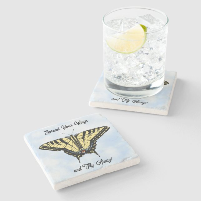 Yellow Swallowtail Butterfly Blue Sky Personalized Steinuntersetzer (Seitenansicht)