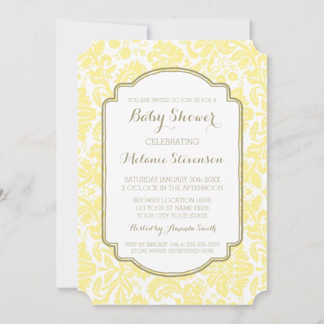 Yellow Tan Damask Custom Baby Shower Einladungen (Rückseite)