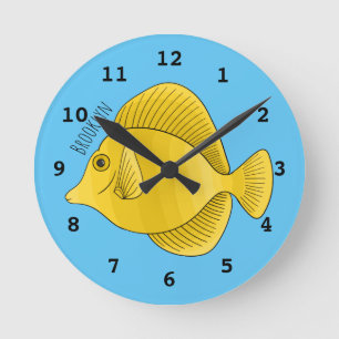 Yellow tang fish cartoon illustration  runde wanduhr