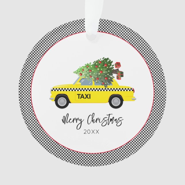 Yellow Taxi Cab Checkerboard Frohe Weihnachtsbaum Ornament (Vorderseite)