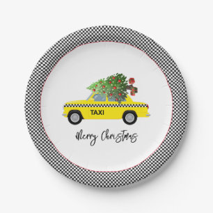Yellow Taxi Cab Checkerboard Frohe Weihnachtsbaum Pappteller