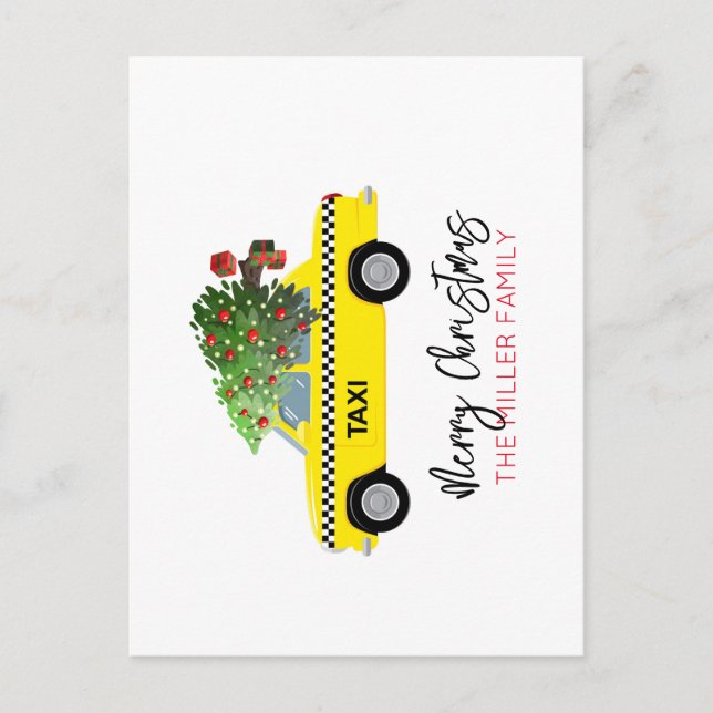 Yellow Taxi Cab Merry Christmas Tree NAME Holiday Postkarte (Vorderseite)