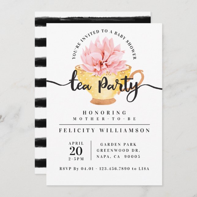 Yellow Teacup Tea Party Kinderdusche Einladung (Vorne/Hinten)