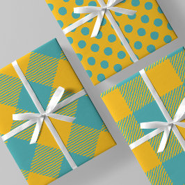 Yellow & Teal Squiggly Buffalo Plaid & Polka Dots Geschenkpapier Set