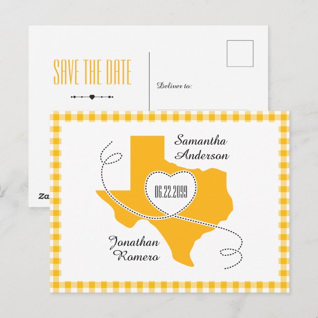 Yellow Texas Curling Ribbon Save the Date Postkarte (Vorne/Hinten)