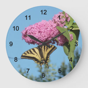 Yellow Tiger Frack auf Pink Butterfly Bush Fl Große Wanduhr