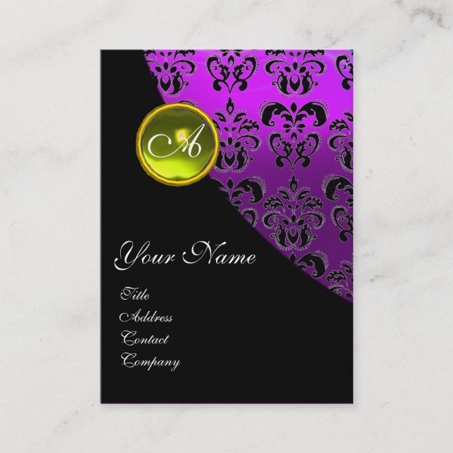 YELLOW TOPAZ DAMASK MONOGRAM, lila violette Farbe Visitenkarte (Vorderseite)