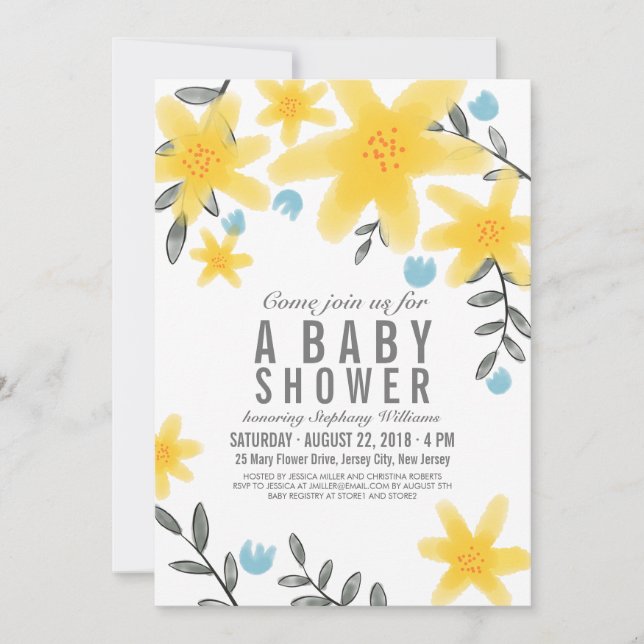 Yellow Tropical Floral Baby Dusche Invite Girl Einladung (Vorderseite)