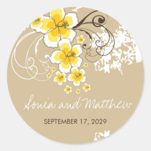 Yellow Tropical Hibiskus Beach Hochzeitsticker Runder Aufkleber