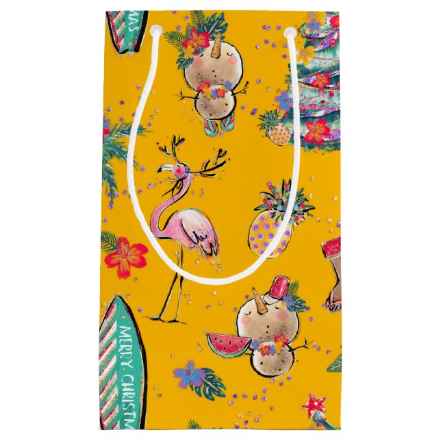 Yellow Tropical Santa Gift Bag Kleine Geschenktüte (Vorderseite)