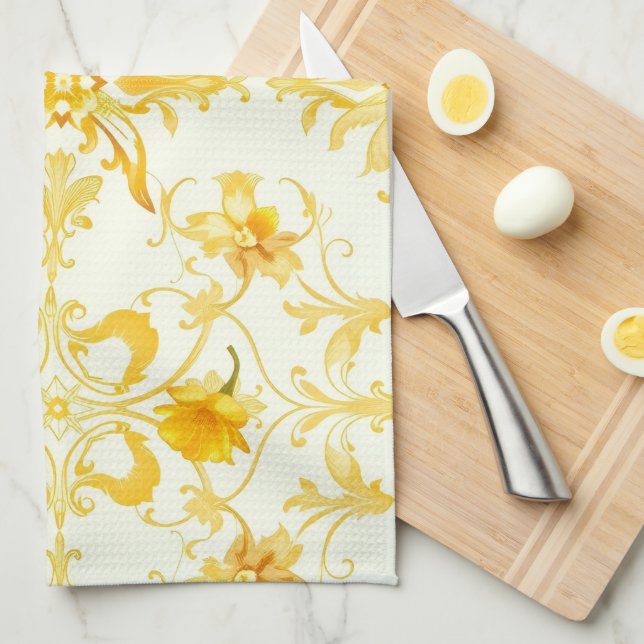 Yellow Tulip Damask Easter Kitchen Towel Geschirrtuch (Viertel Falte)
