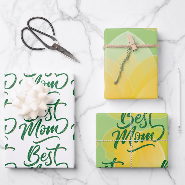 Yellow Tulip Design, Script Letters Beste Mama Geschenkpapier Set (Vorderseite)