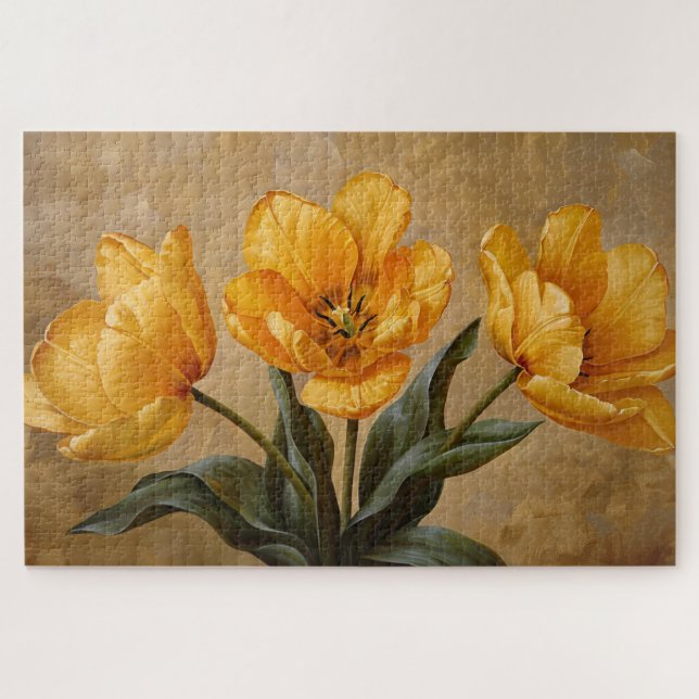 Yellow Tulips botanische Ölmalerei Puzzle (Horizontal)
