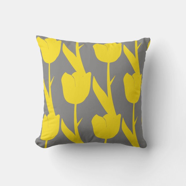 Yellow Tulips Gold Floral Blume Muster Grau Kissen (Vorderseite)