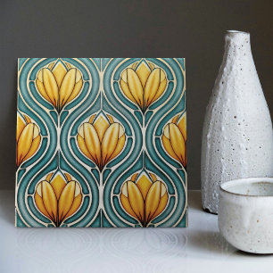 Yellow Tulips on Blue Symmetric Art Nouveau Fliese