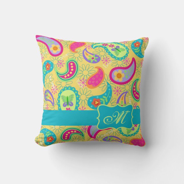 Yellow Turquoise Modern Pasley Pattern Monogram Kissen (Vorderseite)