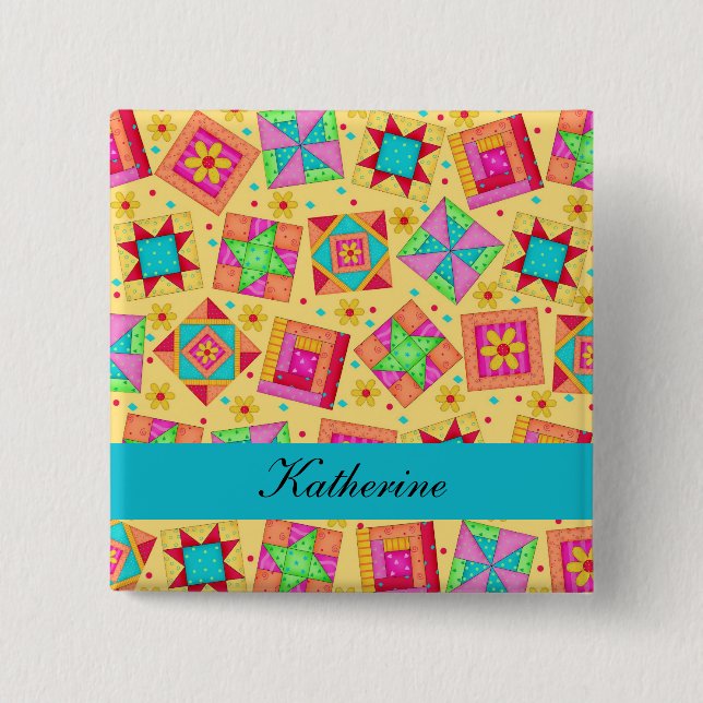 Yellow Turquoise Patchwork Quilt Blocks Name Abzei Button (Vorderseite)