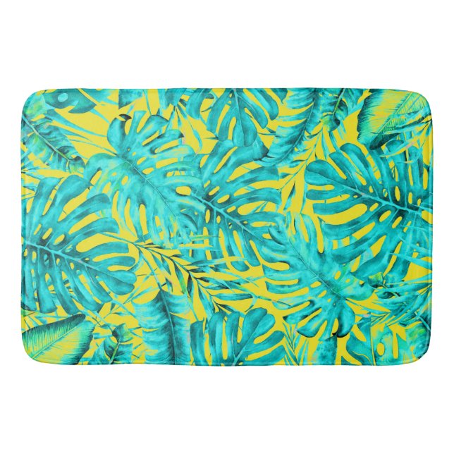 Yellow & Turquoise Tropical Palm Blätter Island Badematte (Vorderseite)