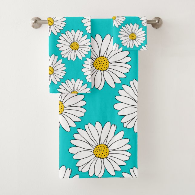 Yellow Turquoise White Daisy Pattern Badhandtuch Set (Insitu)