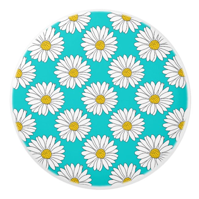 Yellow Turquoise White Daisy Pattern Keramikknauf (Vorderseite)