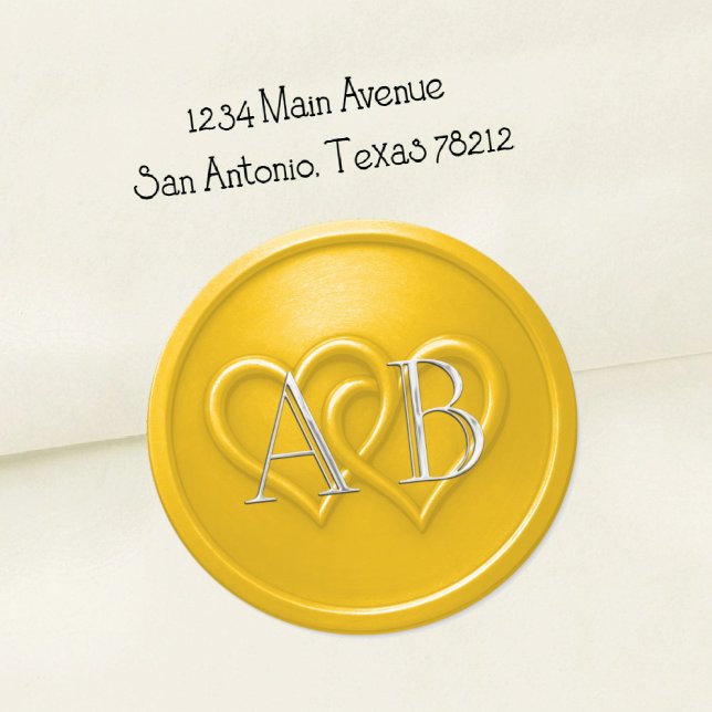 Yellow Two Hearts Silver Monogram Wedding Runder Aufkleber (Von Creator hochgeladen)