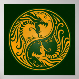 Yellow und Green Yin Yang Dragons Poster