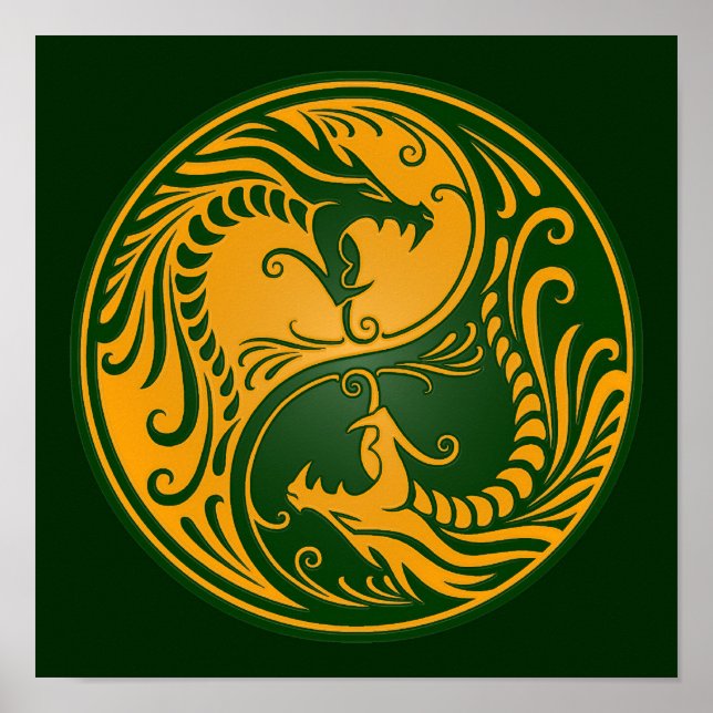 Yellow und Green Yin Yang Dragons Poster (Vorne)