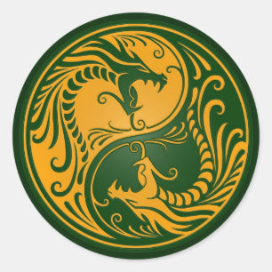 Yellow und Green Yin Yang Dragons Runder Aufkleber