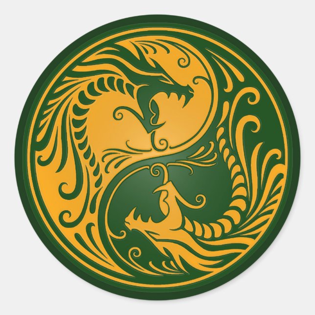 Yellow und Green Yin Yang Dragons Runder Aufkleber (Vorderseite)