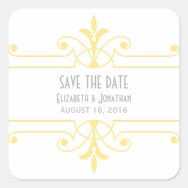 Yellow v2 Extravagante Ornamental-Save the Date-Au Quadratischer Aufkleber (Vorderseite)