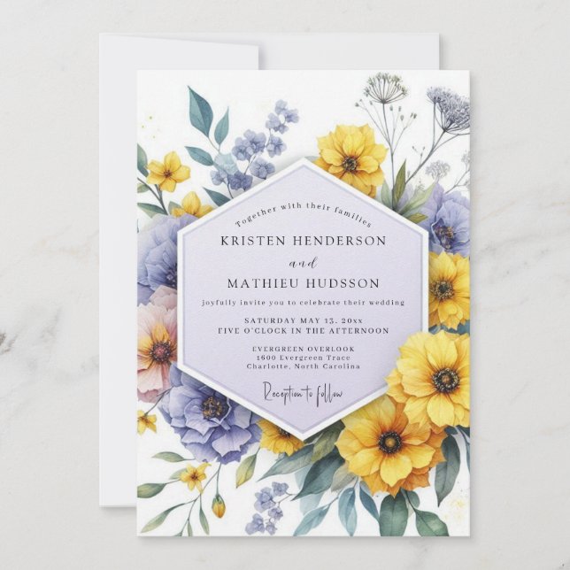 Yellow Violet Botanical Whimsy Wedding Einladung (Vorderseite)