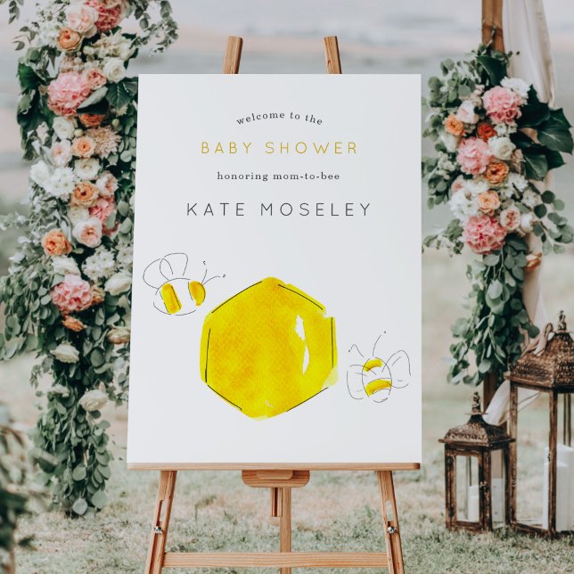 Yellow Watercolor Bumble Bee Baby Dusche Begrüßung Poster (Watercolor buzzing bees honeycomb Baby Shower welcome poster sign.)