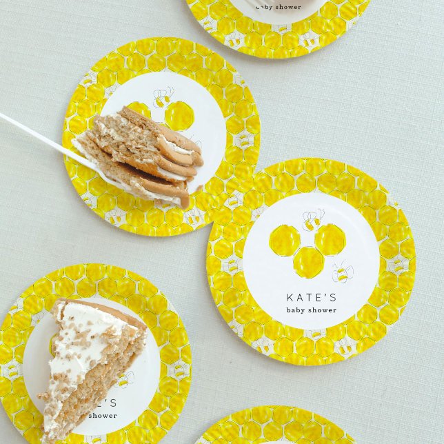 Yellow Watercolor Bumble Bee Beehive Babydusche Pappteller (Yellow watercolor bumble bees and honeycombs baby shower paper party plates.)
