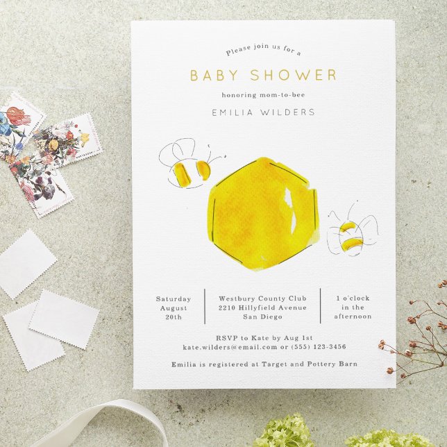 Yellow Watercolor Bumble Bee Hive Baby Dusche Einladung (Von Creator hochgeladen)