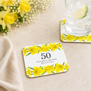 Yellow Watercolor Daffodil 50. Geburtstagsparty Rechteckiger Pappuntersetzer