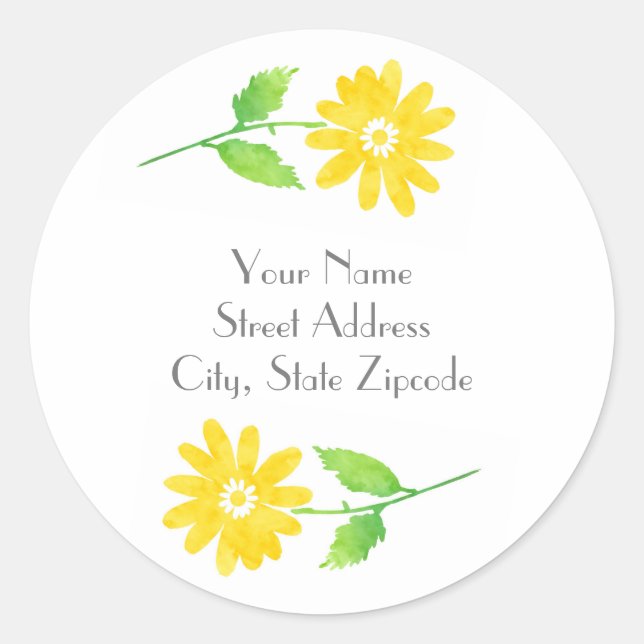 Yellow Watercolor Daisy Stems Labels Runder Aufkleber (Vorderseite)