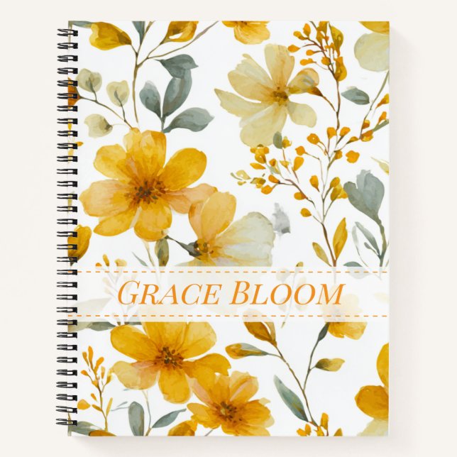 Yellow Watercolor Floral Botanical Flower Pattern Notizbuch (Vorderseite)